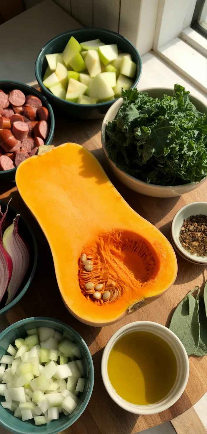Ingredients photo for Apple Sausage Stuffed Butternut Squash Recipe