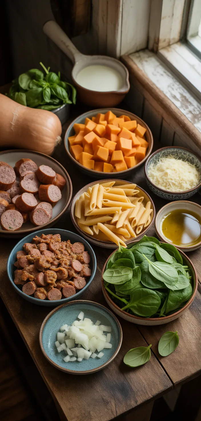Ingredients photo for Creamy Butternut Squash Pasta With Sausage And Spinach Recipe