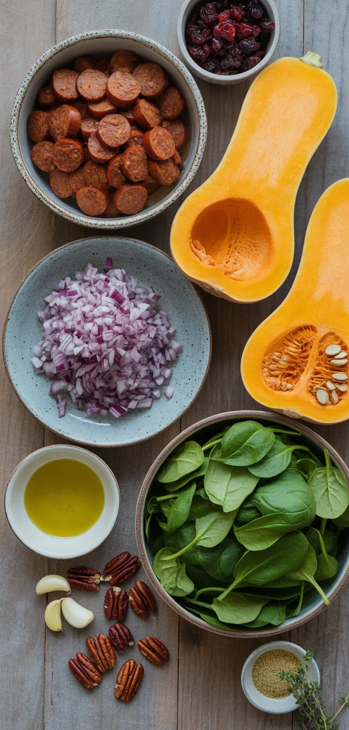 Ingredients photo for Sausage Stuffed Butternut Squash With Spinach, Pecans, And Cranberries Recipe
