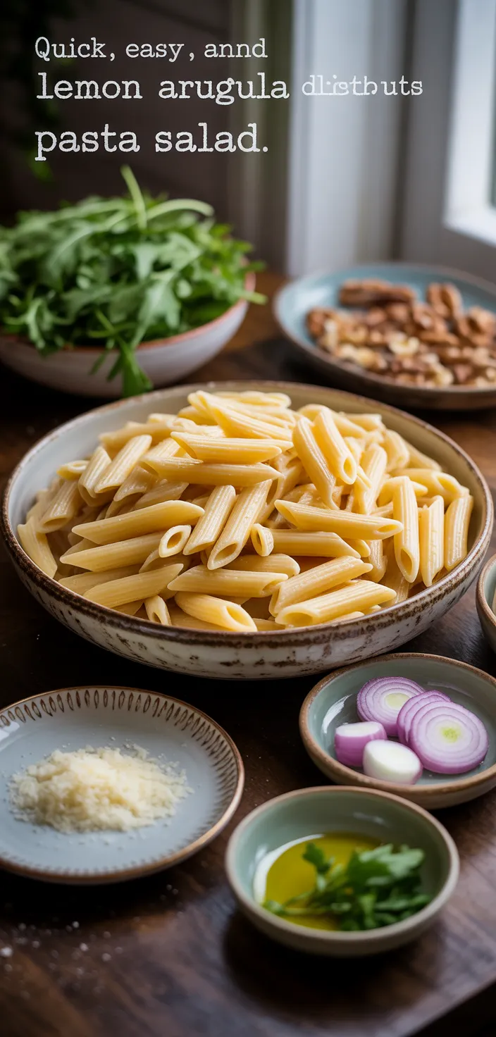 Ingredients photo for Quick, Easy, And DELICIOUS Lemon Arugula Pasta Salad Recipe