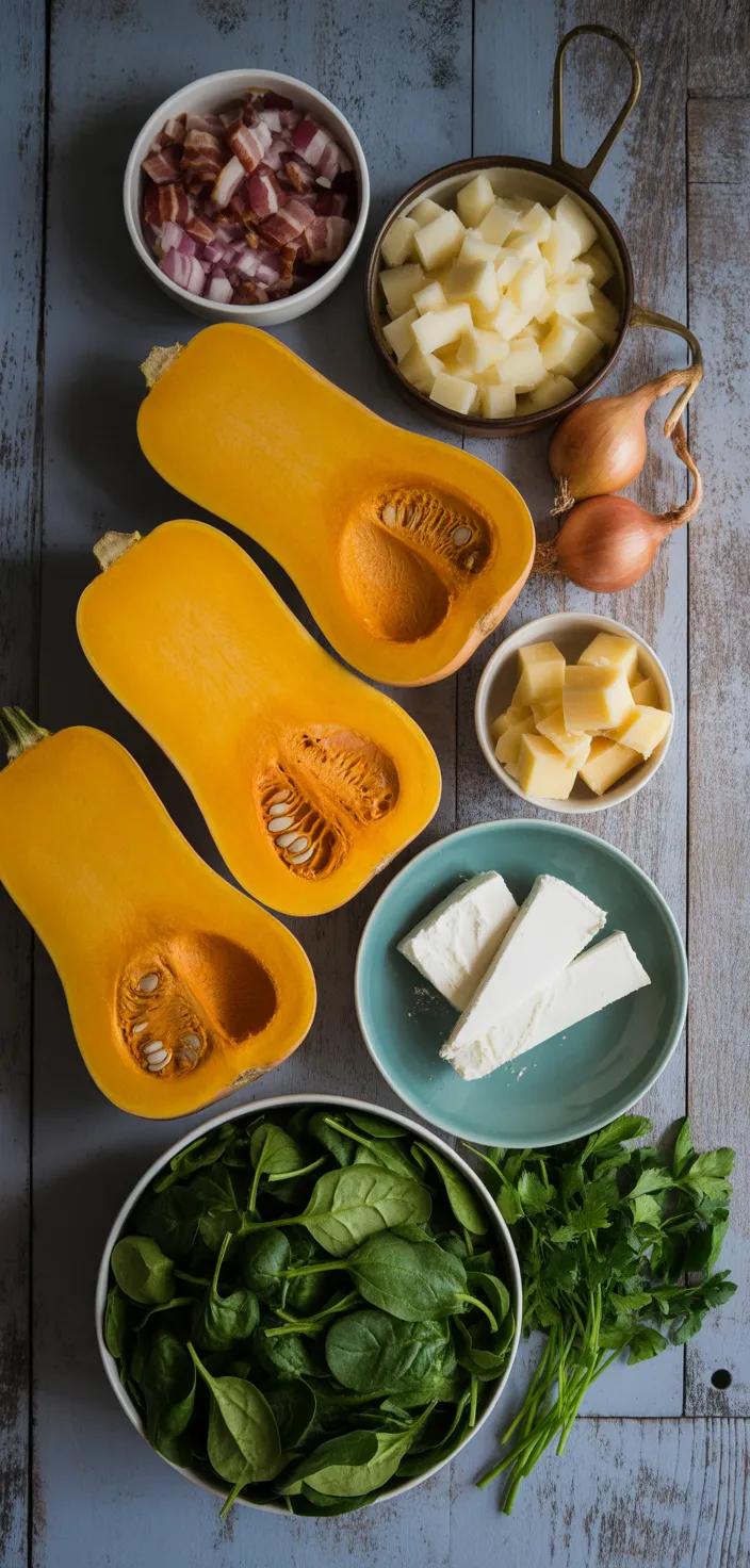Ingredients photo for Stuffed Butternut Squash With Spinach, Bacon, And Cheese Recipe
