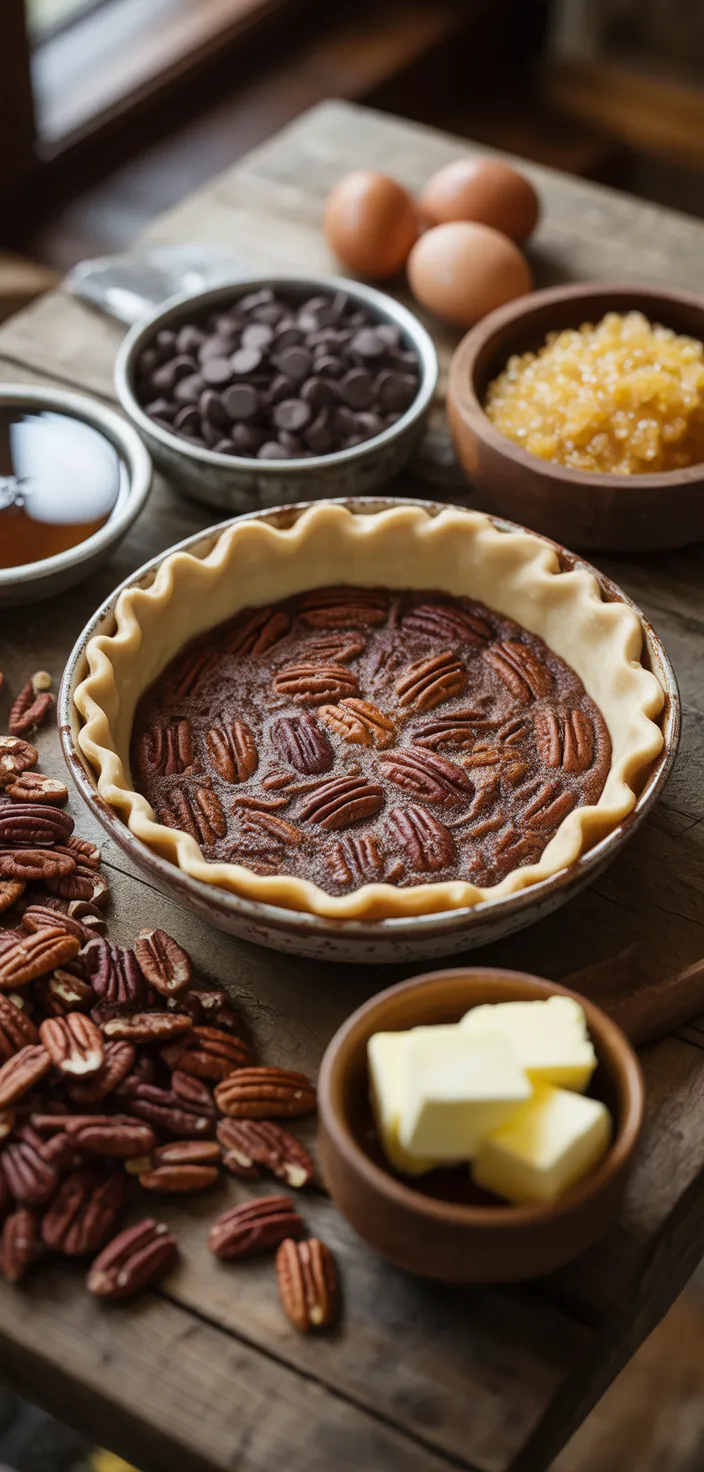 Ingredients photo for Chocolate Bourbon Pecan Pie Recipe