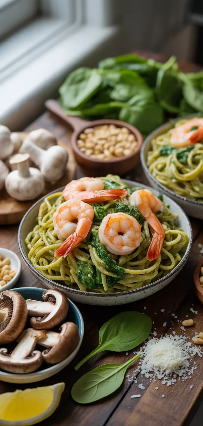 Ingredients photo for Shrimp Pesto Pasta With Spinach And Mushrooms Recipe