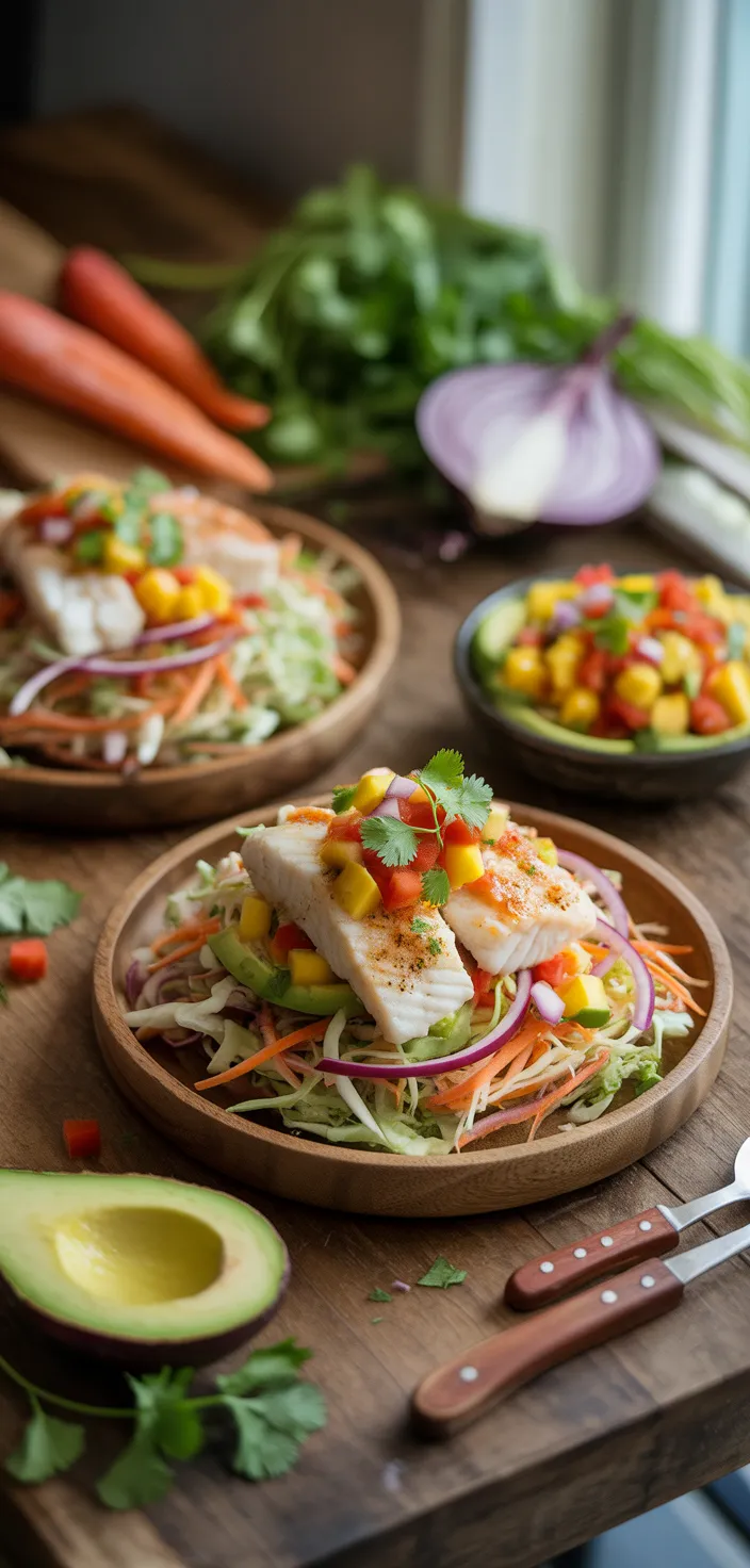 Ingredients photo for Fish Taco Slaw Bowls With Mango Salsa And Chipotle Aioli Recipe